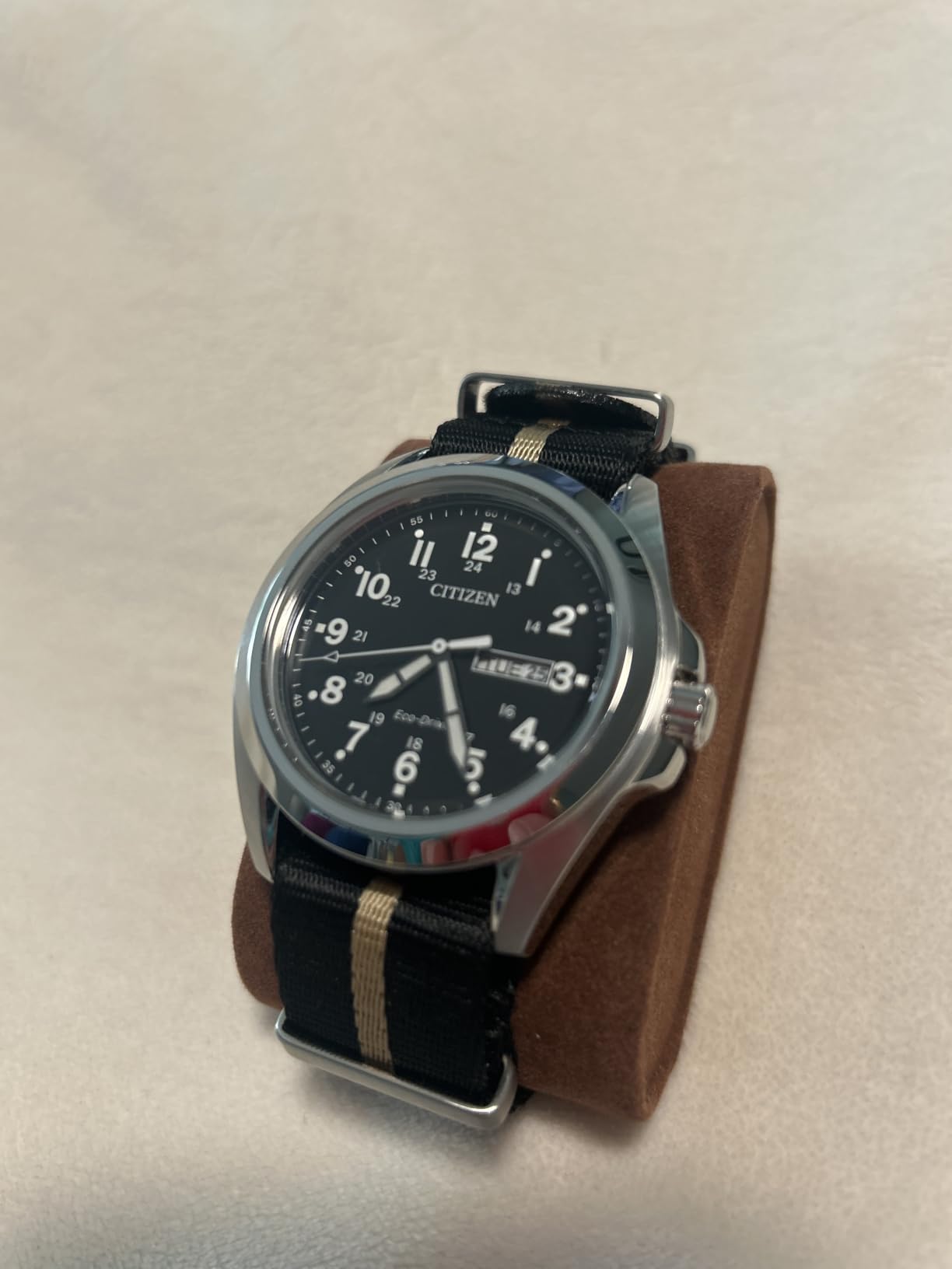 Citizen Men's Eco-Drive Weekender Garrison Field Watch in Stainless Steel, Black Dial, Arabic Markers, Luminous, 43mm (Model: AW0050-82E) customer photo 2