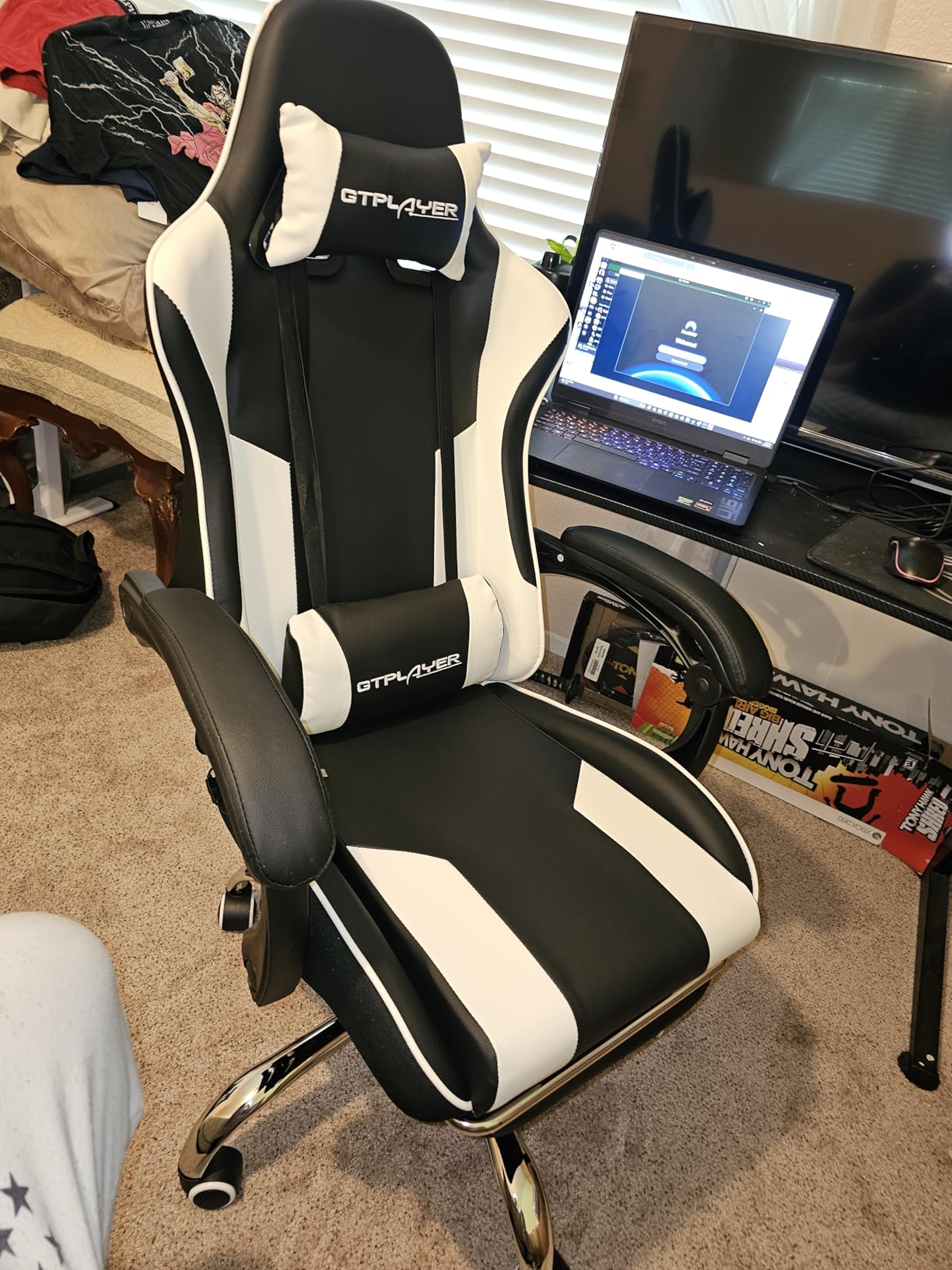 GTPLAYER Gaming Chair, Computer Chair with Footrest and Lumbar Support, Height Adjustable Game Chair with 360°-Swivel Seat and Headrest and for Office or Gaming (Faux Leather, Black) customer photo 2