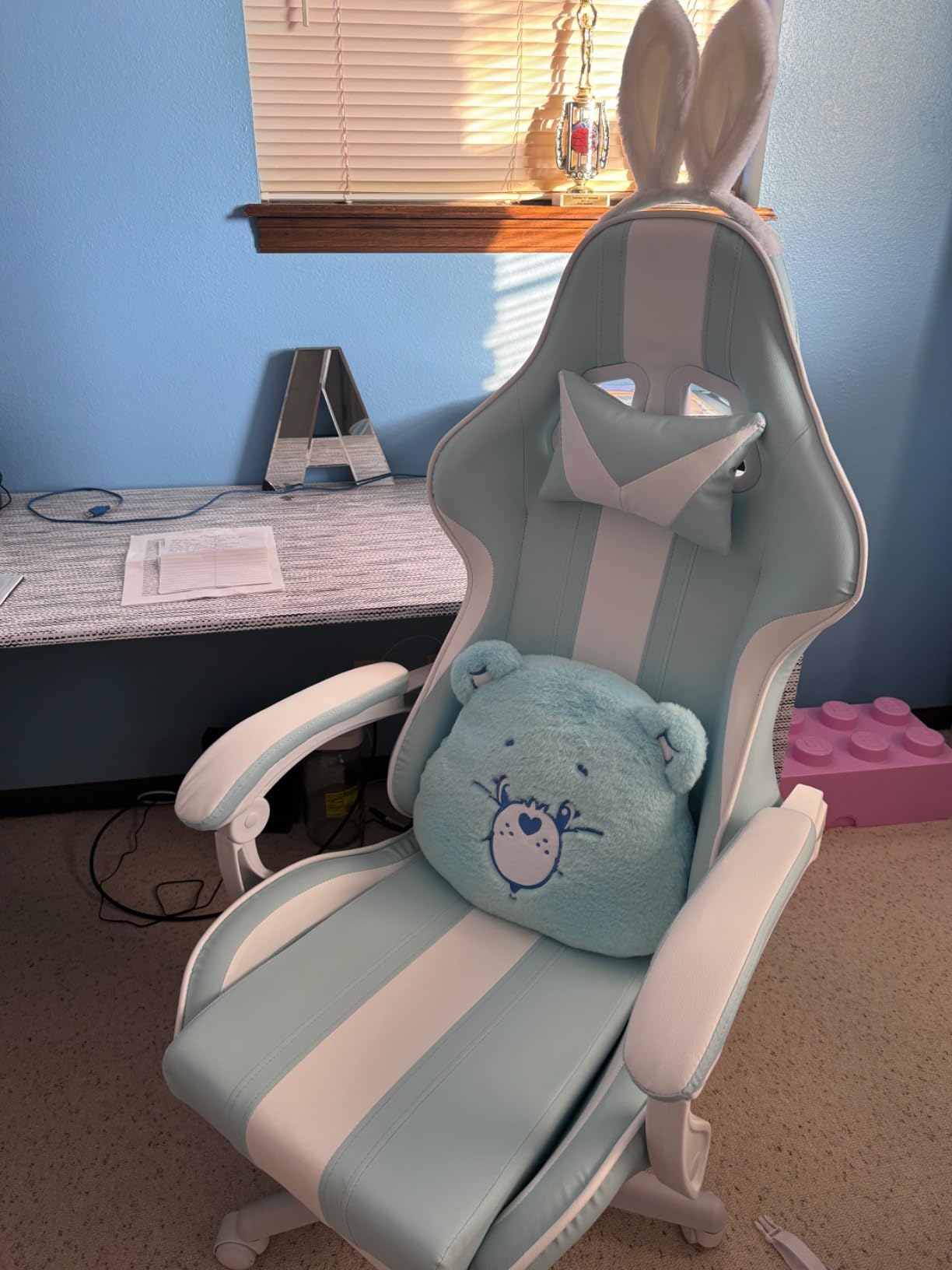 Ferghana Kawaii Light Blue Gaming Chair with Bunny Ears, Ergonomic Cute Gamer Chair with Footrest and Massage, Racing Reclining Leather Computer Game Chair 250lbs for Girls Adults Teens Kids customer photo 1