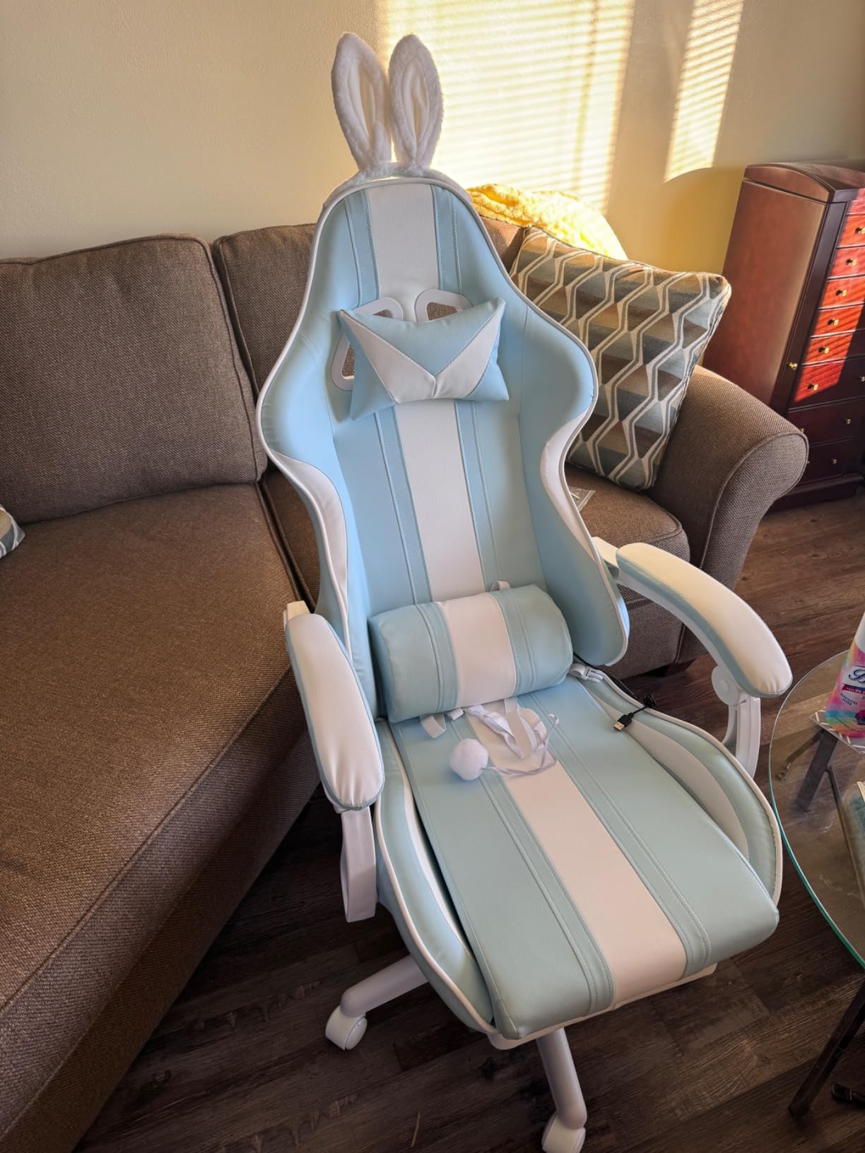 Ferghana Kawaii Light Blue Gaming Chair with Bunny Ears, Ergonomic Cute Gamer Chair with Footrest and Massage, Racing Reclining Leather Computer Game Chair 250lbs for Girls Adults Teens Kids customer photo 2