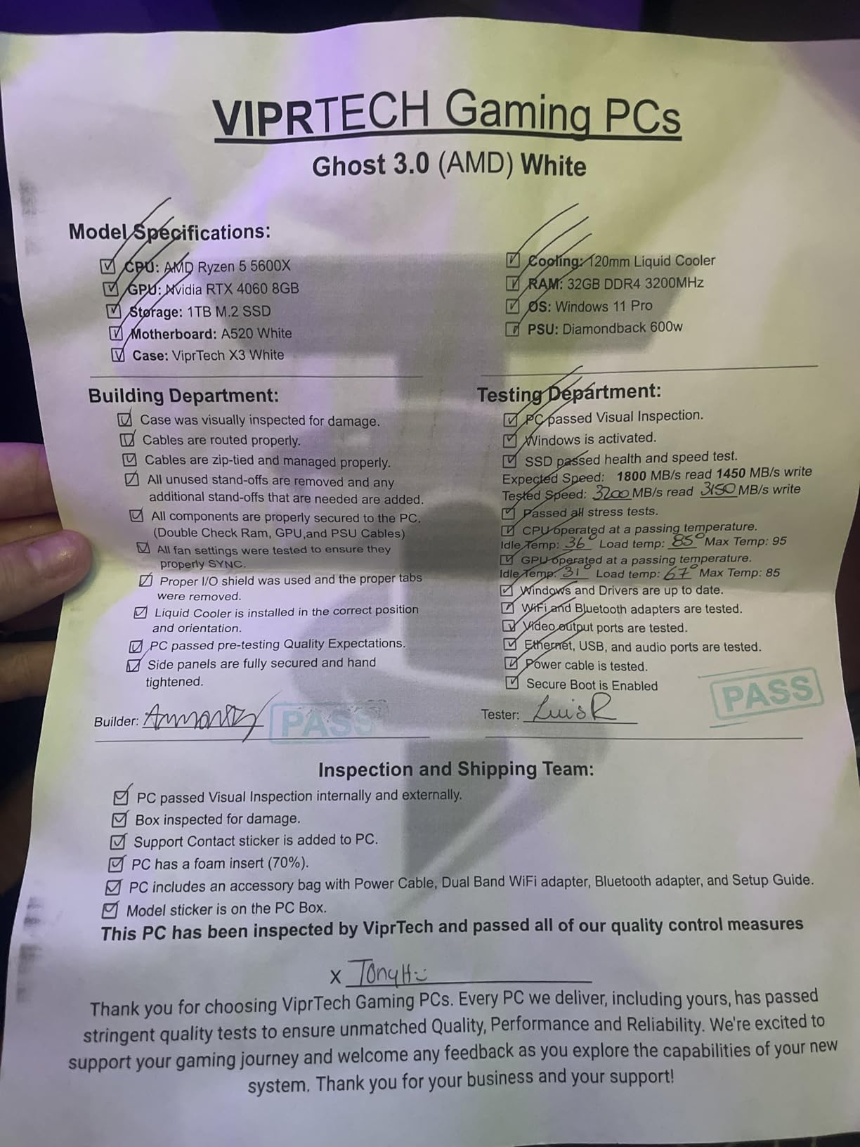 ViprTech Ghost 3.0 Gaming PC, Ryzen 7, RTX 4060 8GB, 16GB/1TB Arctic White customer photo 1
