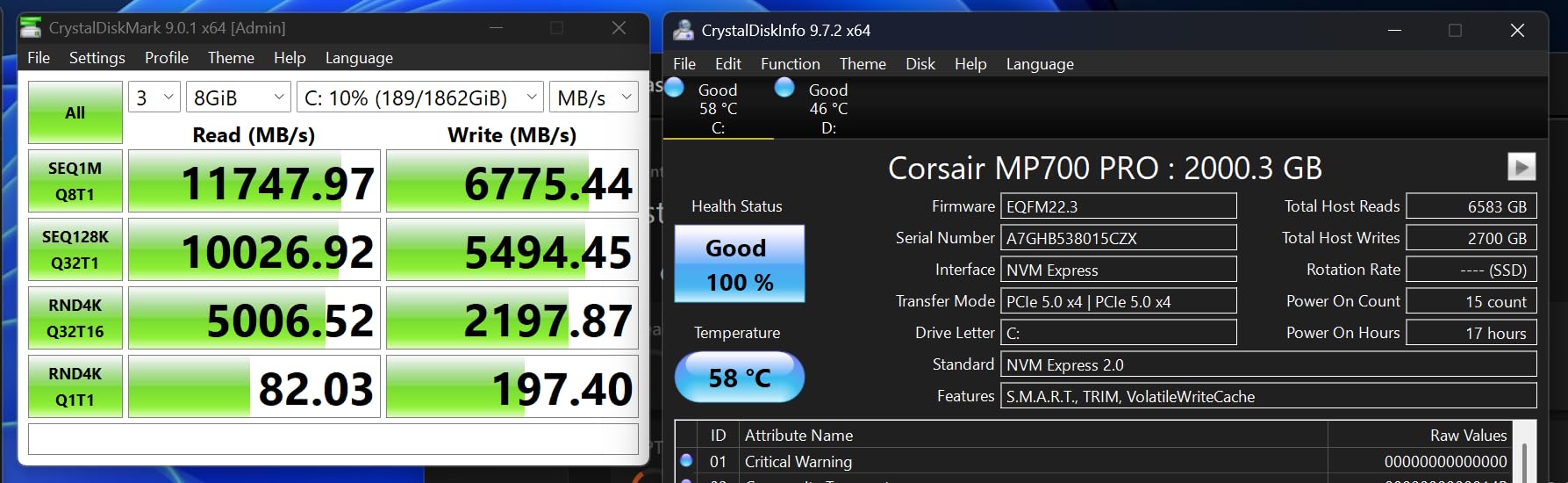 Corsair MP700 PRO 4TB M.2 PCIe Gen5 x4 NVMe 2.0 SSD – M.2 2280 – Up to 12,400MB/sec Sequential Read – High-Density TLC NAND – Black customer photo 1