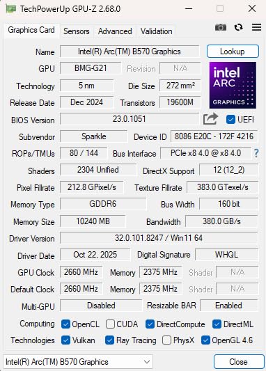 Sparkle Intel Arc B570 Guardian OC Graphics Card, 10GB GDDR6, Torn Cooling 2.0, Axial Fan, Breathing Light, Metal Backplate, SB570G-10GOC customer photo 1