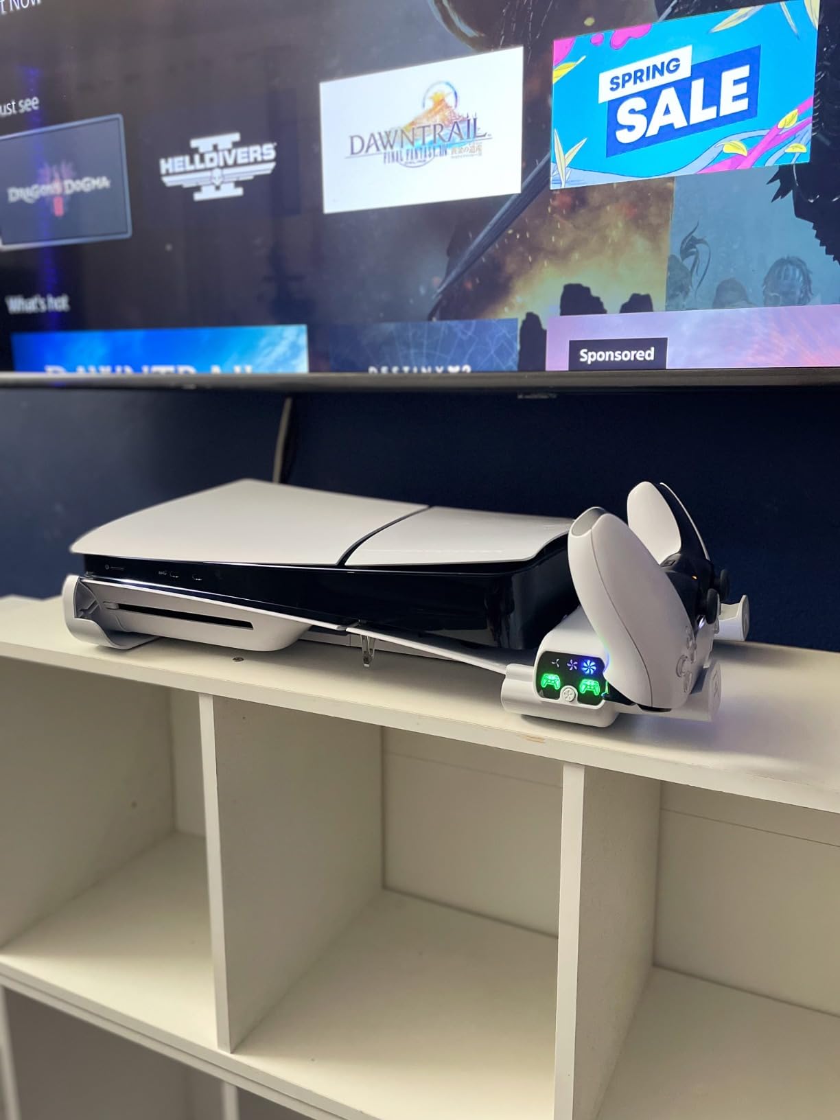 PS5/Slim/Pro Horizontal Stand with Cooling Fan & Charger for Original & Edge Controllers, Scalable Design PS5 Accessories Base with EVA Foams for All PS Five Disc & Digital, PS 5 Sideways Stand White customer photo 1