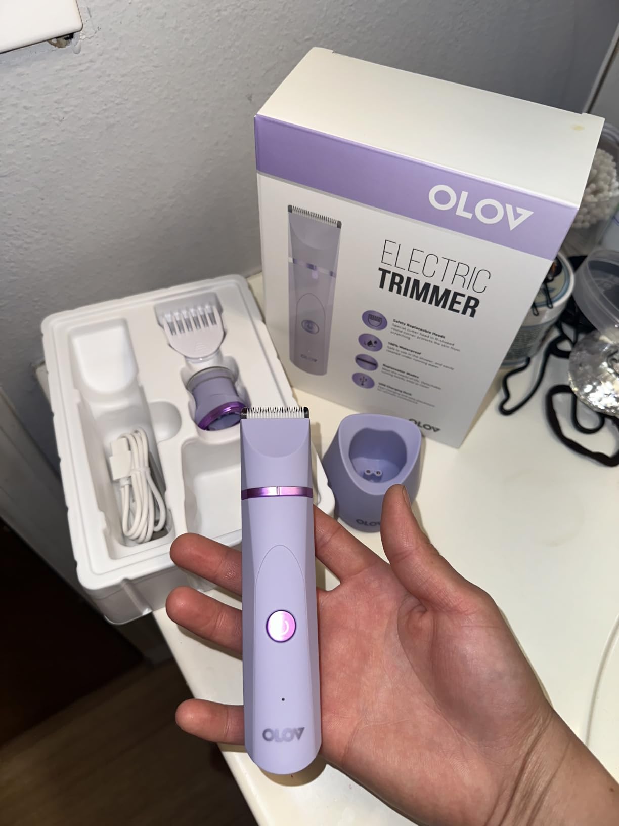 OLOV Electric Body Hair Trimmer - Groin Trimmer for Men - Bikini Trimmer Women - Wet/Dry Shaver Groomer, Replaceable Ceramic Blade Heads, USB Recharge Dock, Waterproof Hygiene Razor, White customer photo 2