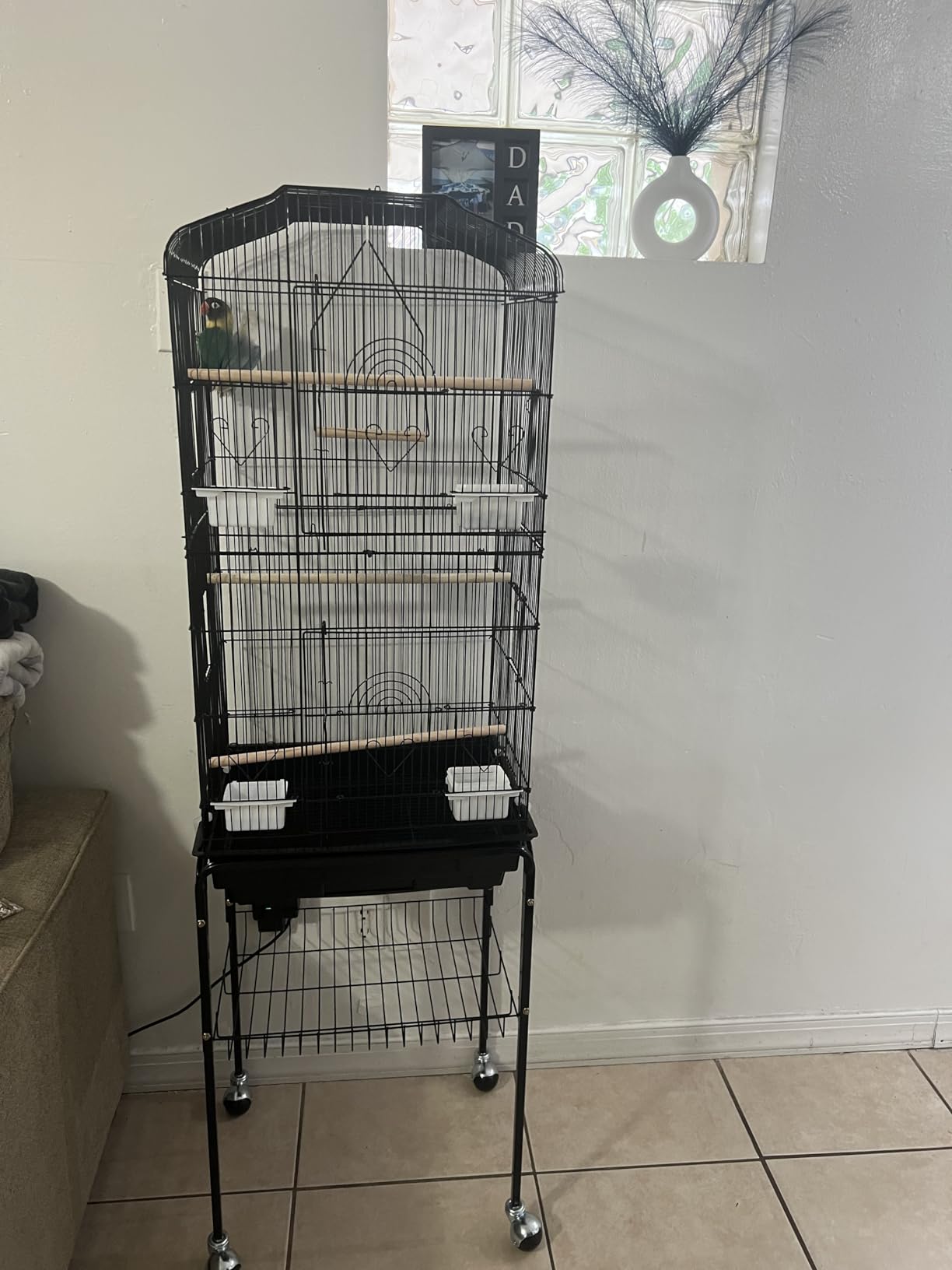 SUPER DEAL 63 Rolling Bird Cage Large Wrought Iron Cage for Cockatiel Sun Conure Parakeet Finch Budgie Lovebird Canary Medium Pet House with Rolling Stand & Storage Shelf customer photo 1
