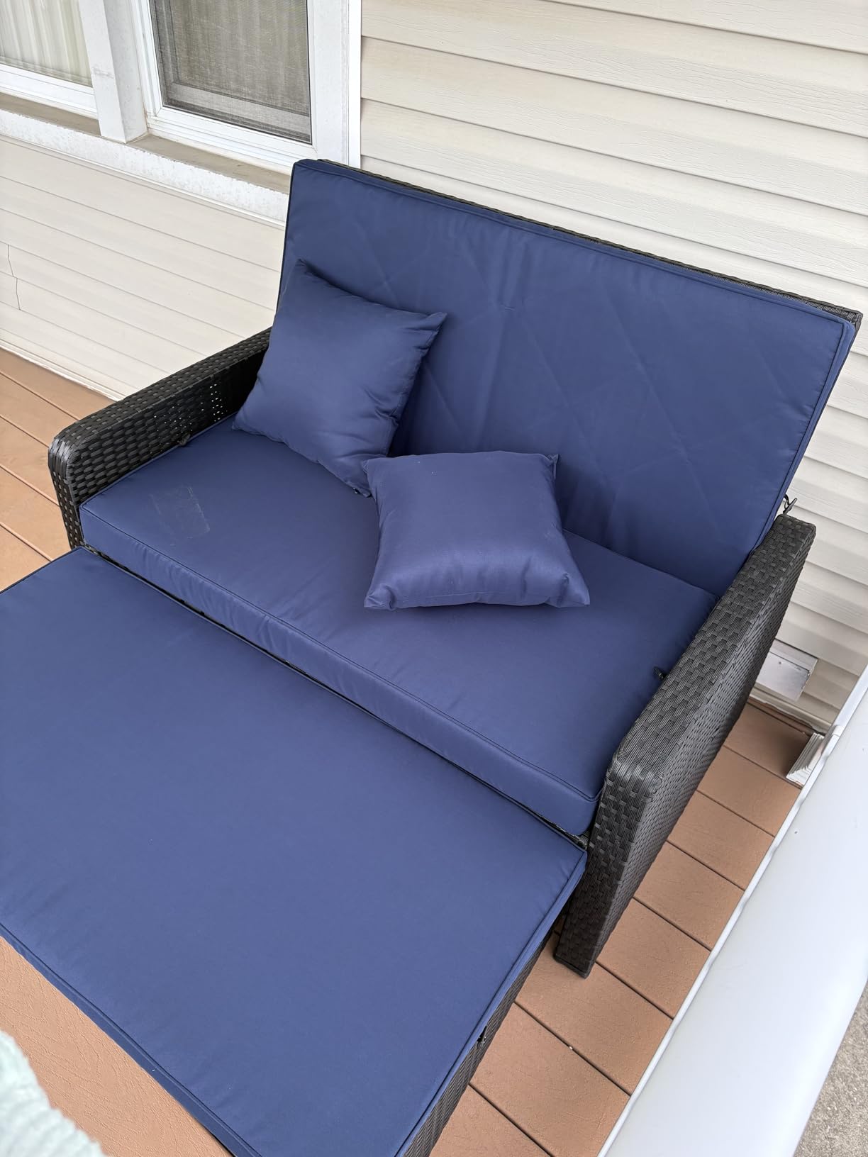 Tangkula Patio Rattan Daybed with 4-Level Adjustable Backrest, Outdoor PE Wicker Loveseat with Storage Ottoman & Folding Side Tray, Double Sunbed Lounger for Balcony, Backyard & Poolside customer photo 2