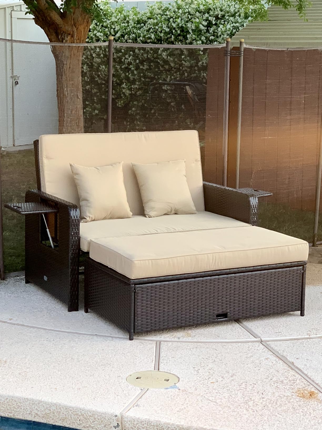 LDAILY Moccha Outdoor Daybed, Wicker Loveseat Sofa Set with 4-Postion Adjustable Backrest, Storage Ottoman, Cushions, Rattan Double Bed Lounger, Patio Furniture Set (Red) customer photo 2