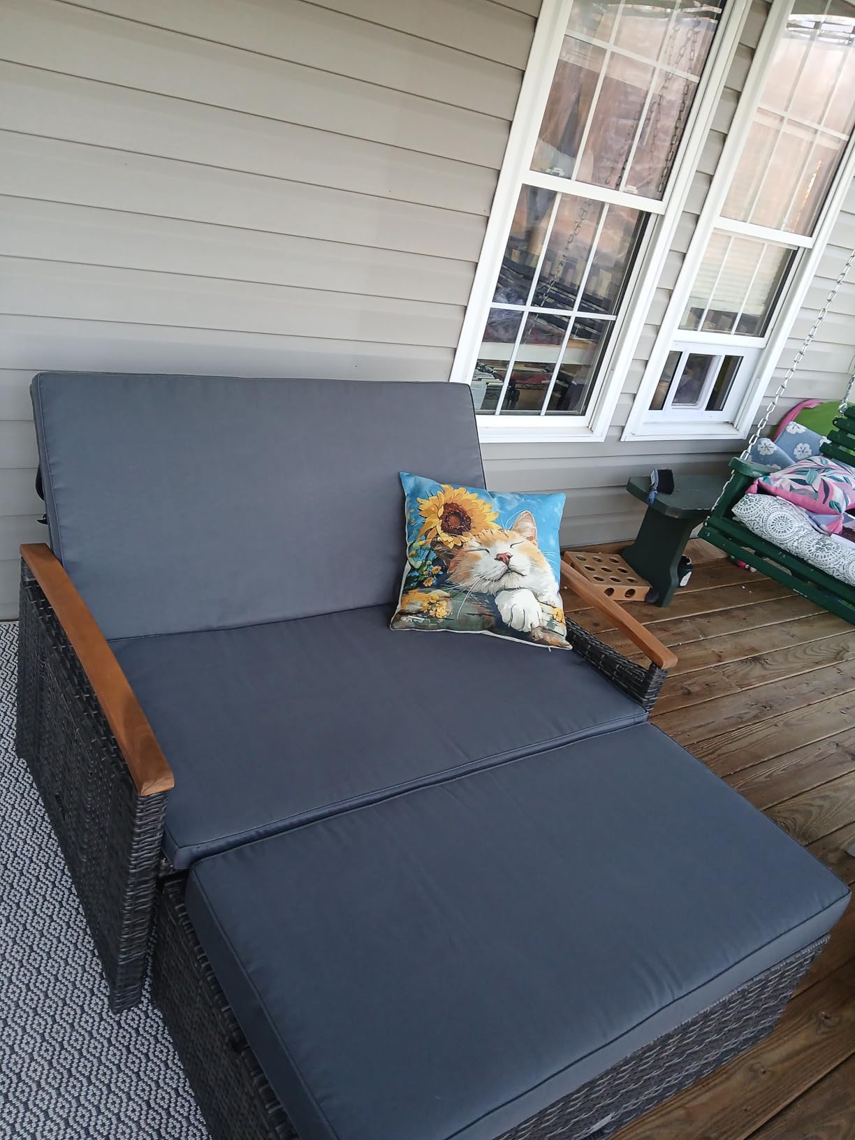LDAILY Moccha Outdoor Wicker Daybed, Patio Rattan Loveseat Sofa w/ 4-Level Adjustable Backrest, Folding Panels, Storage Ottoman & Cushions, Lounge Furniture Set for Poolside Backyard Porch (Beige) customer photo 1