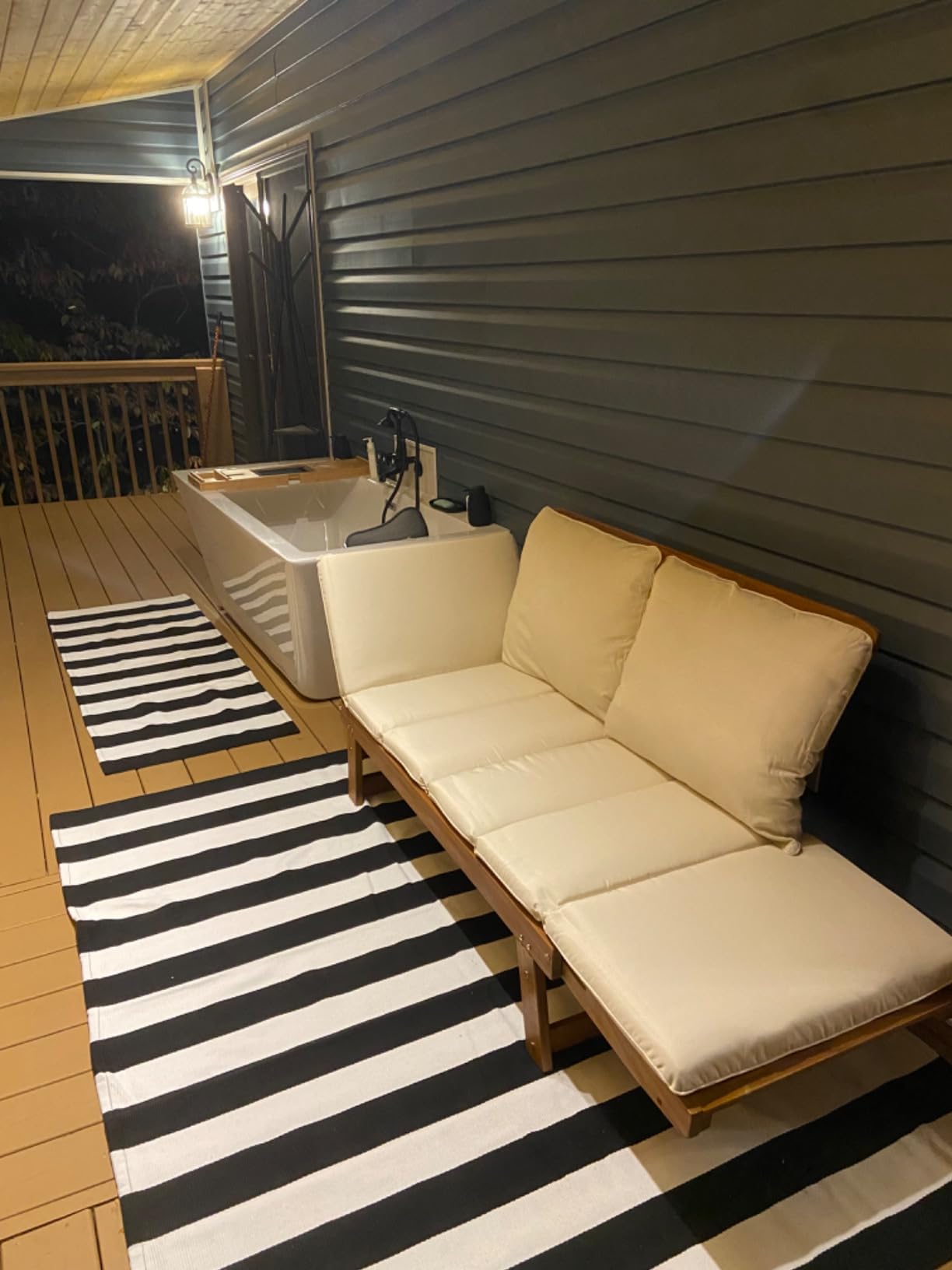 Greesum Patio Convertible Couch Sofa Bed with Adjustable Armrest, Acacia Wood Outdoor Daybed with Cushion & Pillow, Folding Chaise Lounge Bench for Porch Courtyard Poolside,White customer photo 1