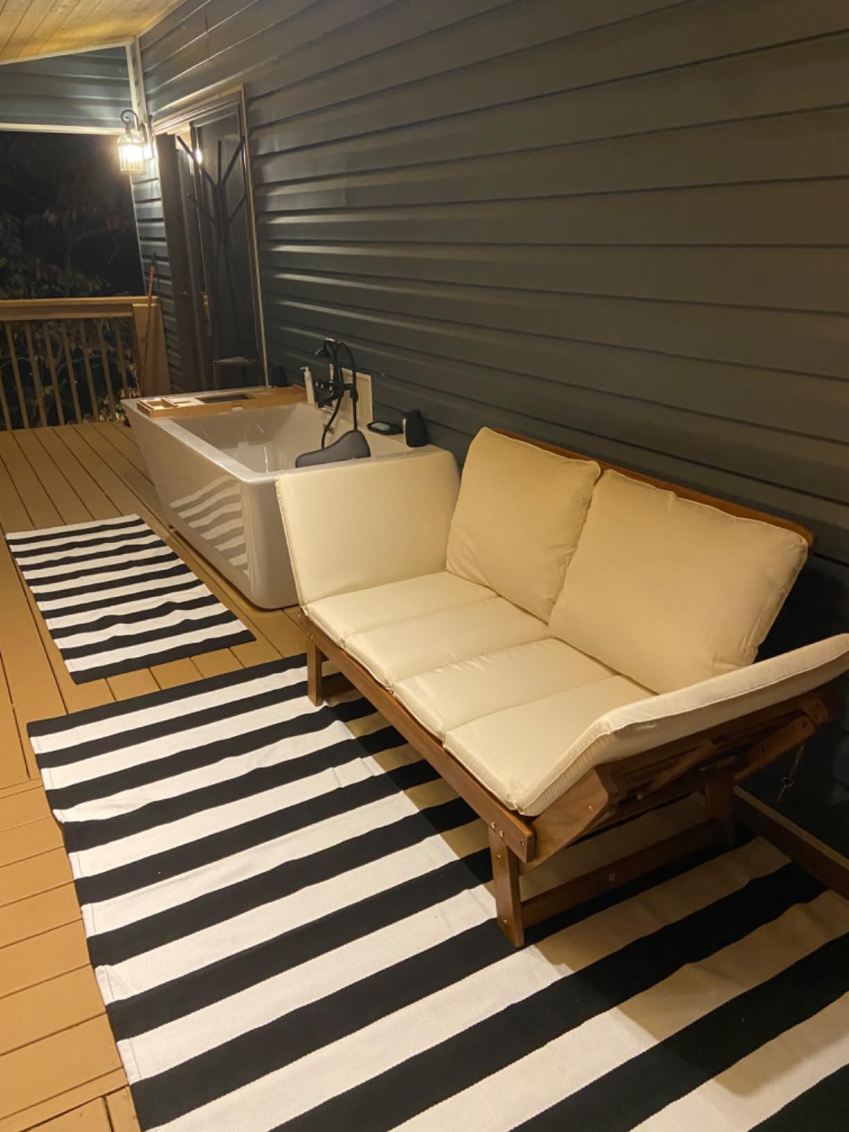 Greesum Patio Convertible Couch Sofa Bed with Adjustable Armrest, Acacia Wood Outdoor Daybed with Cushion & Pillow, Folding Chaise Lounge Bench for Porch Courtyard Poolside,White customer photo 2