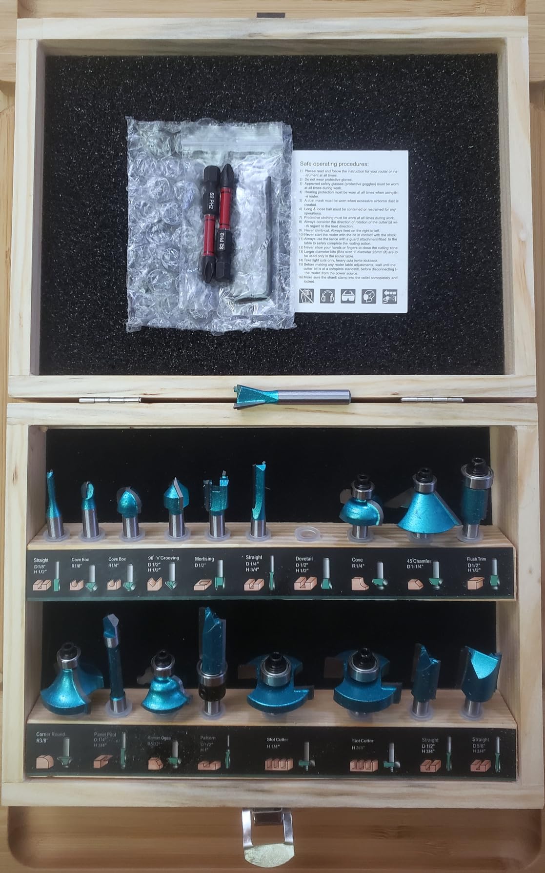 CSOOM 15Pcs Router Bit Set, Router Bits Set 1/4 Inch Shank for Beginners Woodworking, Router Bit Set Include Straight, Dovetail, Chamfer, Cove, Flush Trim, Round Over customer photo 2