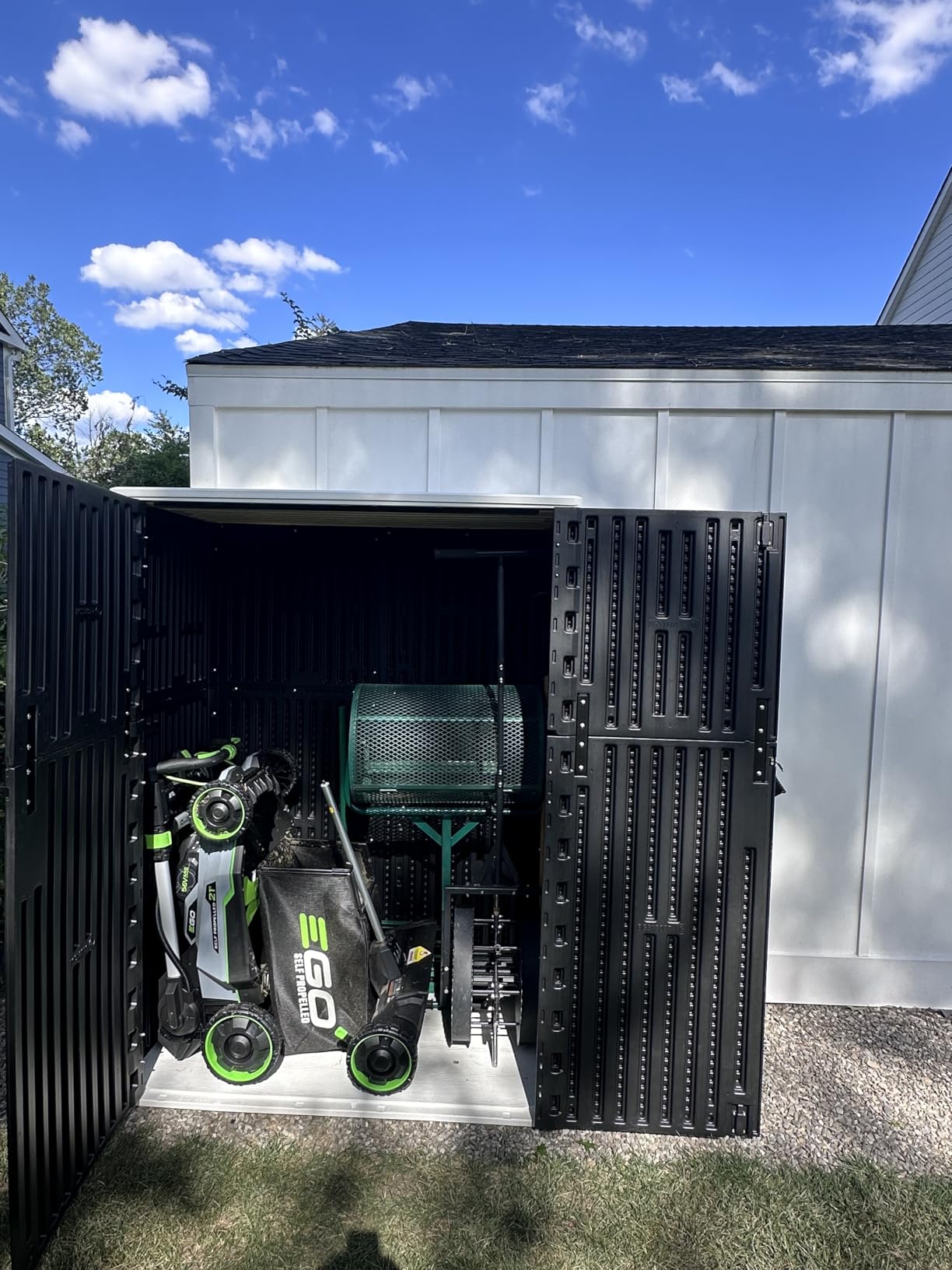 KINYING Outdoor Vertical Storage Shed,57 Cu.ft Outdoor Storage Cabinet Waterproof,Resin Sheds & Outdoor Storage Clearance for Garden,Patio,Backyard,Lockable (Black) customer photo 1