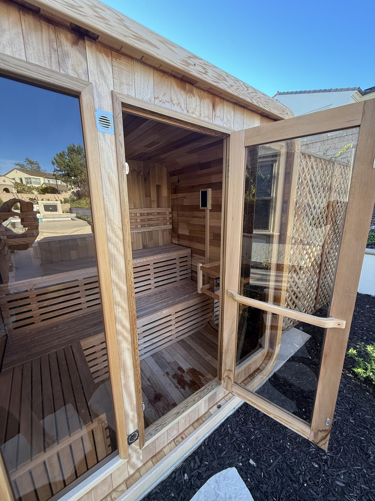 Outdoor Wood Sauna, Canadian Cedar Sauna 6 Person, 6 KW ETL Harvia Heater, with Front Large Glass Windows, Square with Wooden Bucket,Spoon(0-195 °F) customer photo 2