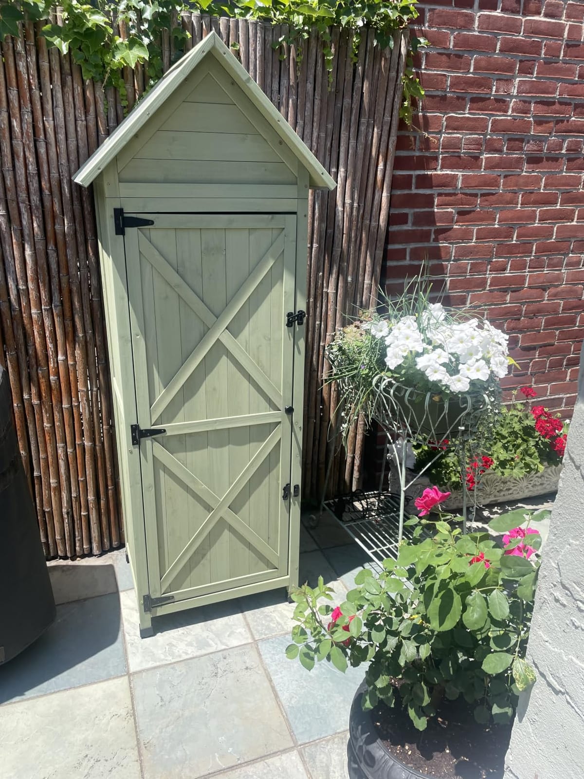 Wooden Outdoor Storage Cabinet,Tall Vertical Garden Tool Shed with Waterproof Metal Roof & Adjustable Feet – Perfect for Yard, Patio, Lawn & Deck (Green, 22