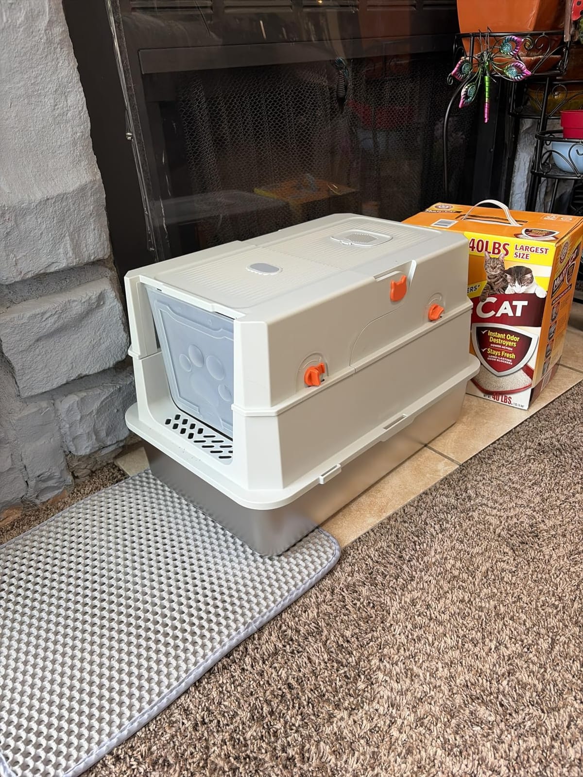 TENTIZON Stainless Steel Cat Litter Box with Lid, Large Covered Enclosed Kitty Litterbox with Hood, Flip Top, High Side, Litter Mat, Scoop for Big Cats, Kitten, No Odor, No Mess, Easy Clean, Grey customer photo 2